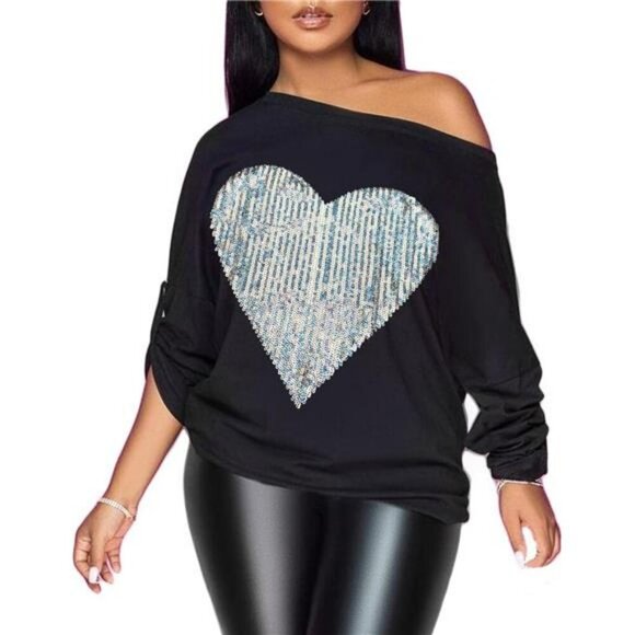 Off Shoulder Metallic Shiny Top 80s Party Shirt Long Sleeve Graphic Blouse - Picture 1 of 6